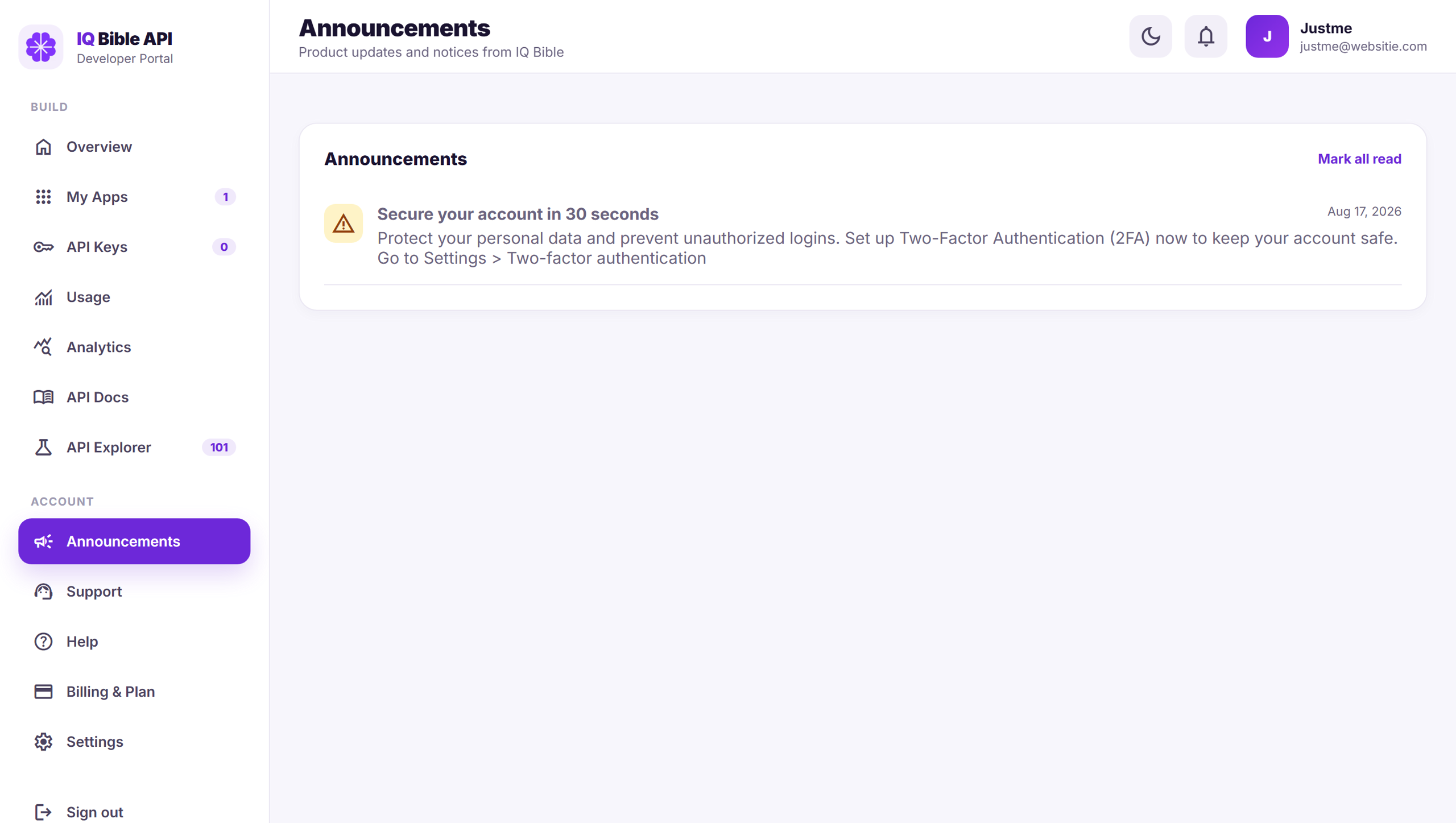 Announcements panel in the IQ Bible developer portal