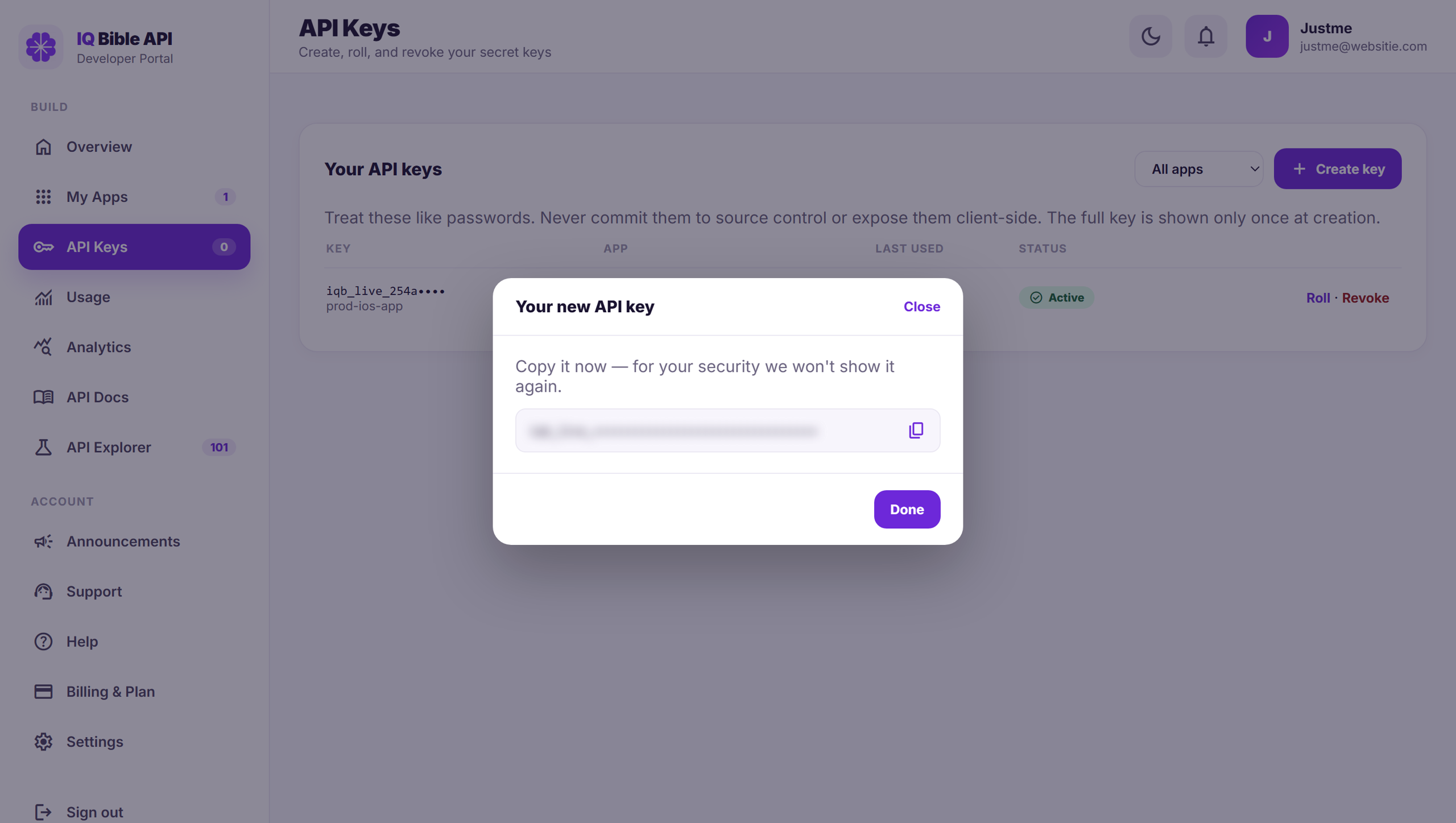 API Keys panel in the IQ Bible developer portal