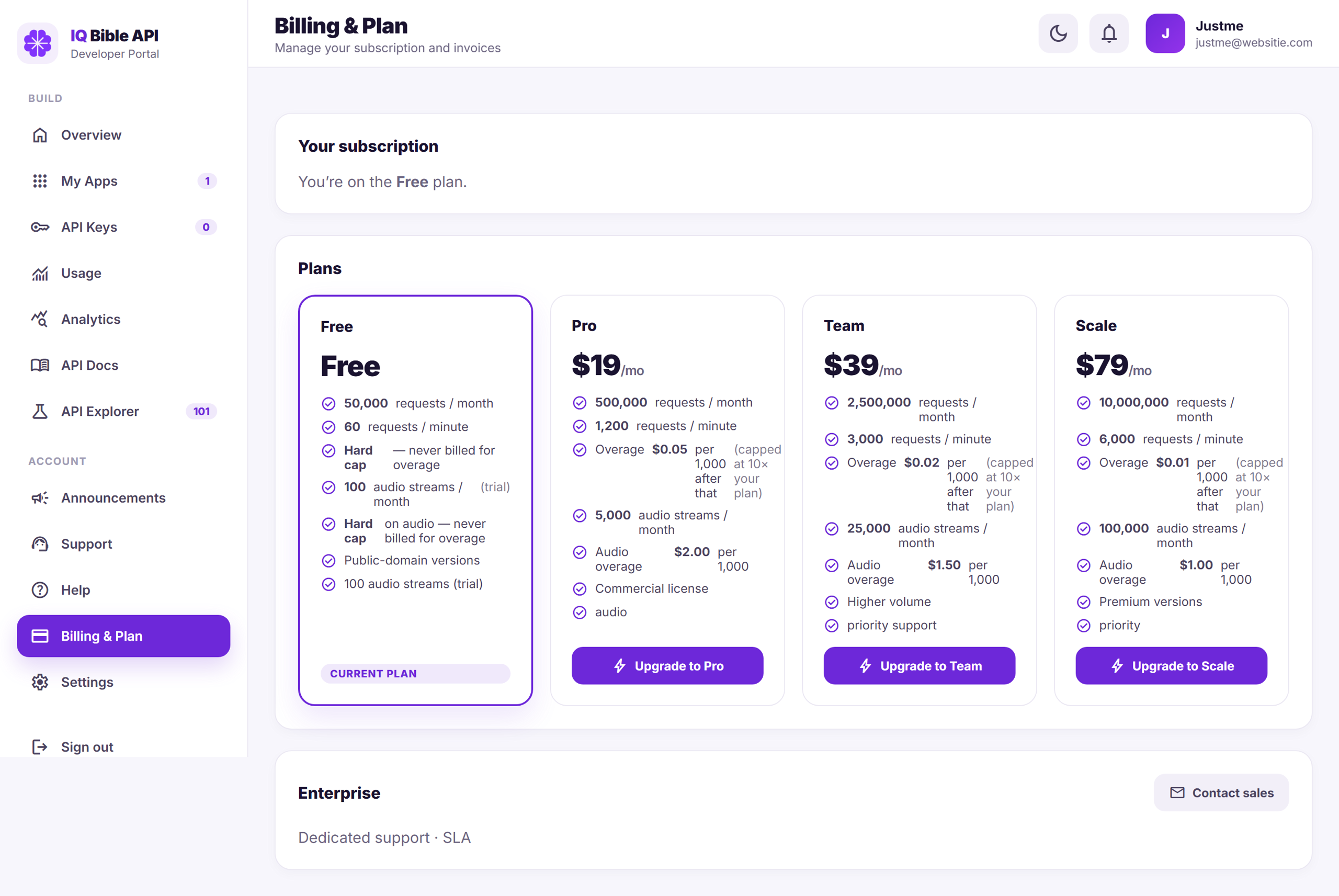Billing & Plan panel in the IQ Bible developer portal