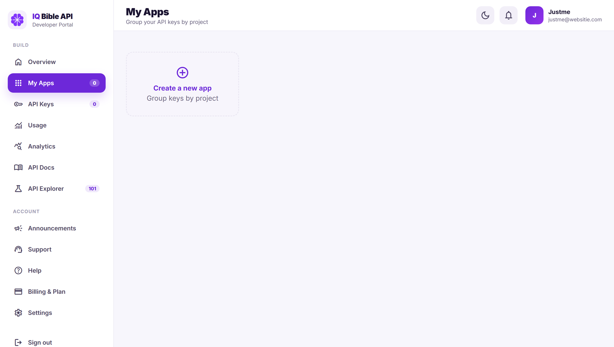 My Apps panel in the IQ Bible developer portal