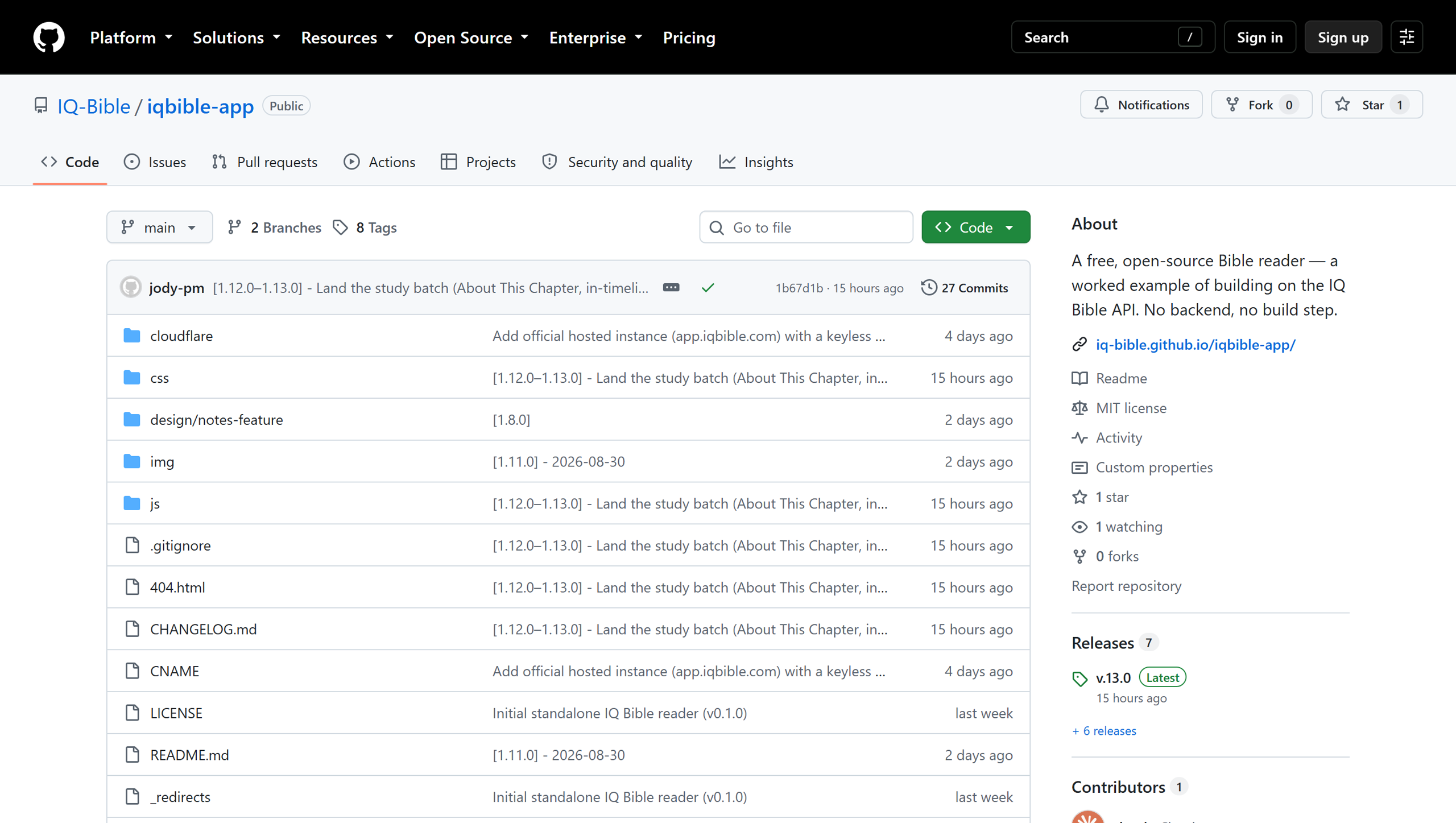 The iqbible-app repository on GitHub — MIT licensed, “a worked example of building on the IQ Bible API. No backend, no build step.”